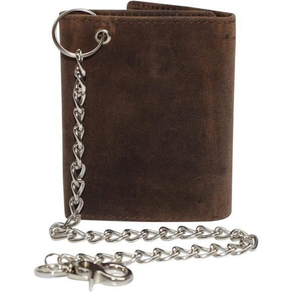 Genuine Leather Classic Trifold Wallet (Brown with Chain) - Picture 2 of 7